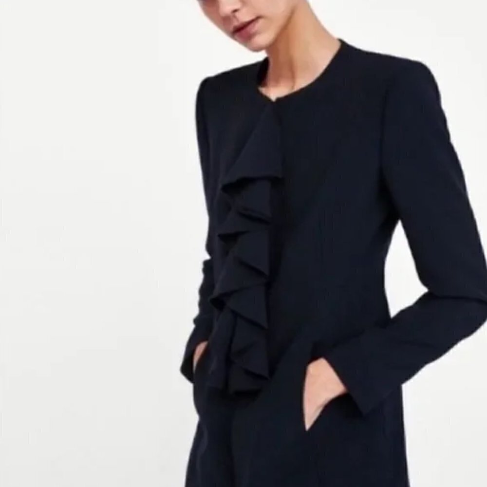 SALE Zara Snap Front Frilled Neckline Frock Mini Length Coat Dark Navy Blue L